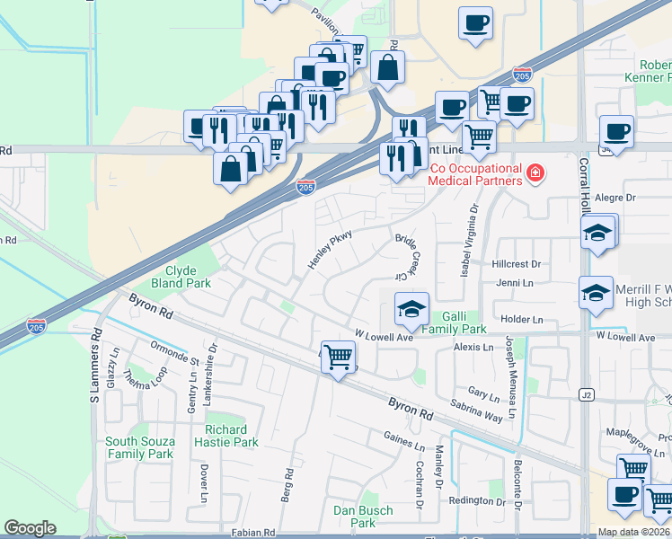 map of restaurants, bars, coffee shops, grocery stores, and more near 2702 Stoney Creek Court in Tracy