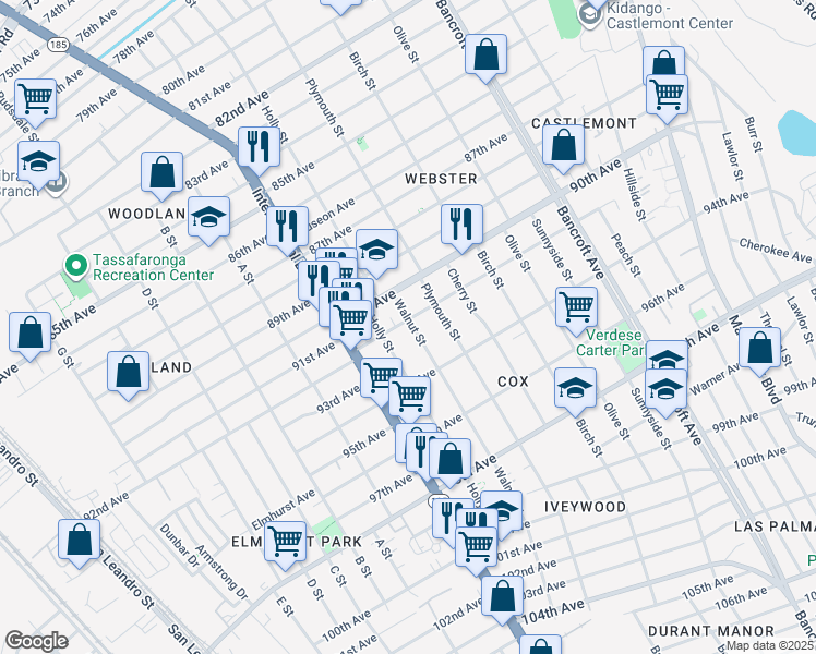 map of restaurants, bars, coffee shops, grocery stores, and more near 9224 Holly Street in Oakland