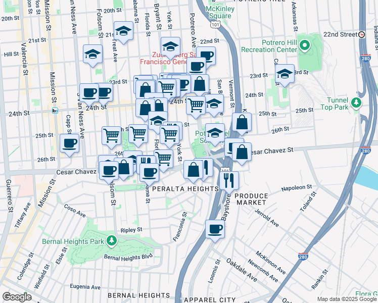 map of restaurants, bars, coffee shops, grocery stores, and more near in San Francisco