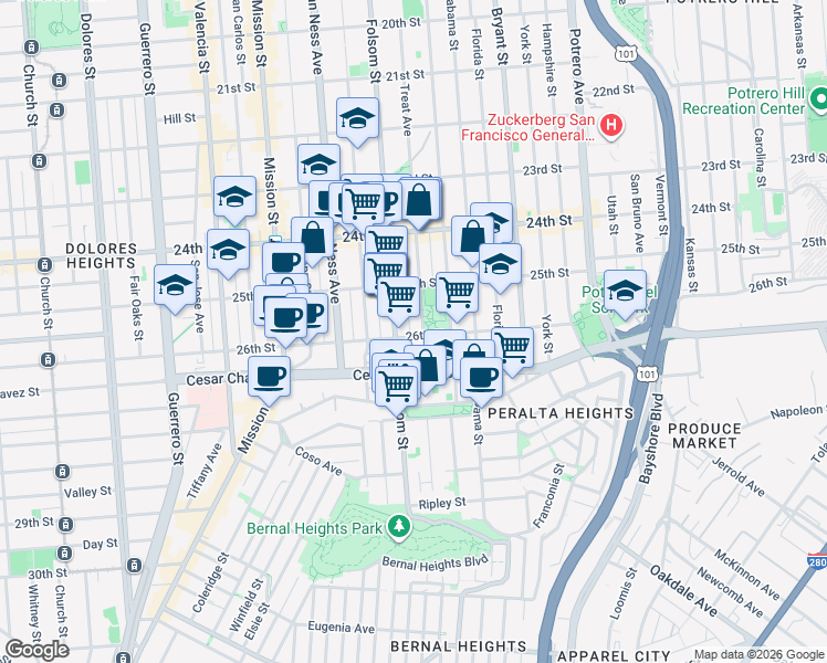 map of restaurants, bars, coffee shops, grocery stores, and more near in San Francisco