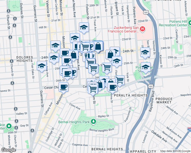 map of restaurants, bars, coffee shops, grocery stores, and more near in San Francisco