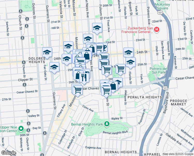 map of restaurants, bars, coffee shops, grocery stores, and more near 3251-3255 26th Street in San Francisco