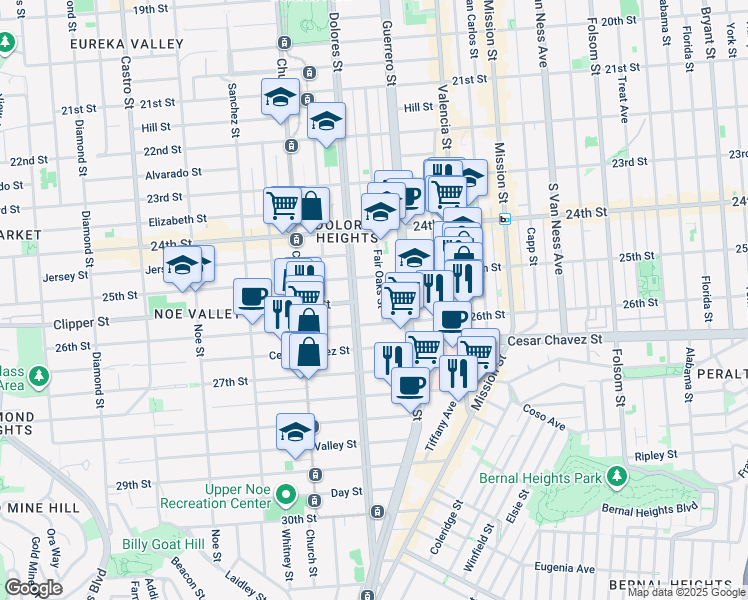 map of restaurants, bars, coffee shops, grocery stores, and more near 476 Fair Oaks Street in San Francisco