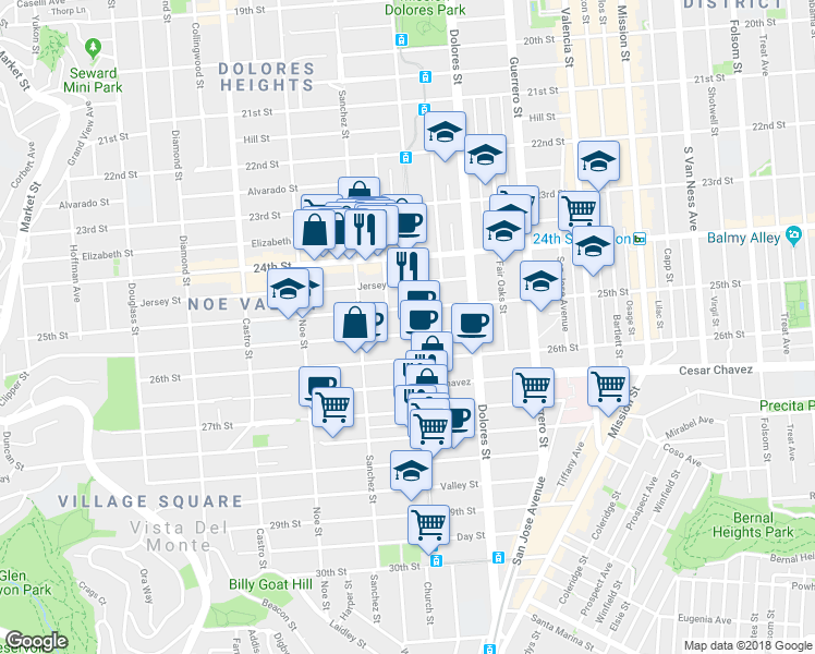 map of restaurants, bars, coffee shops, grocery stores, and more near 1359 Church Street in San Francisco