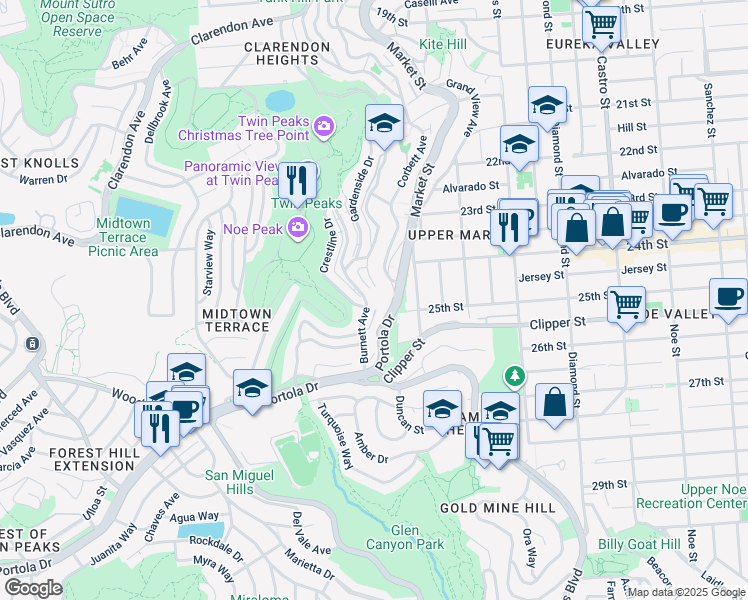 map of restaurants, bars, coffee shops, grocery stores, and more near 850 Burnett Avenue in San Francisco