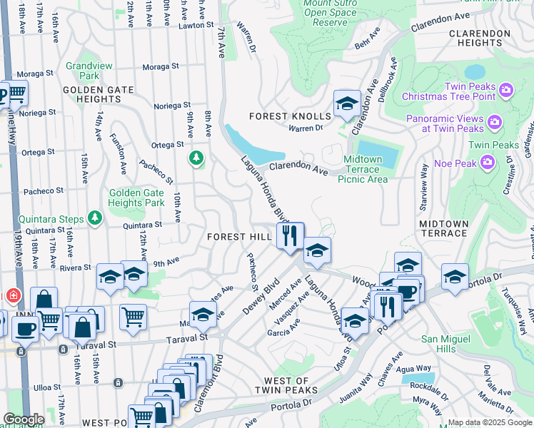 map of restaurants, bars, coffee shops, grocery stores, and more near 127 Castenada Avenue in San Francisco