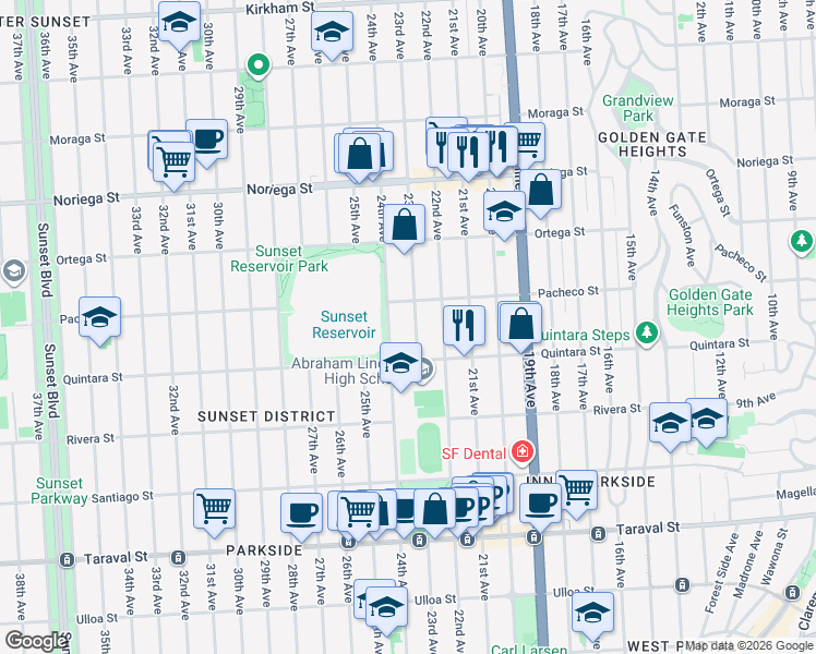 map of restaurants, bars, coffee shops, grocery stores, and more near 2078 24th Avenue in San Francisco