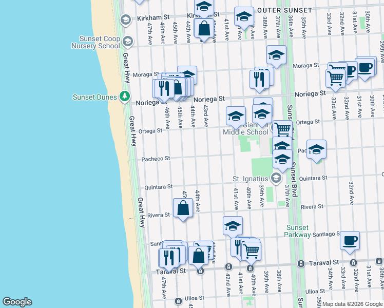 map of restaurants, bars, coffee shops, grocery stores, and more near 4029 Pacheco Street in San Francisco