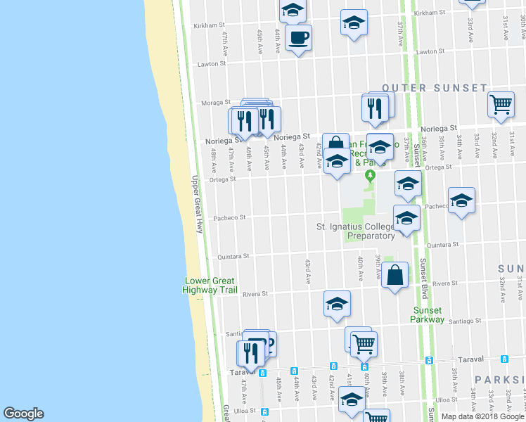 map of restaurants, bars, coffee shops, grocery stores, and more near 2006 46th Avenue in San Francisco