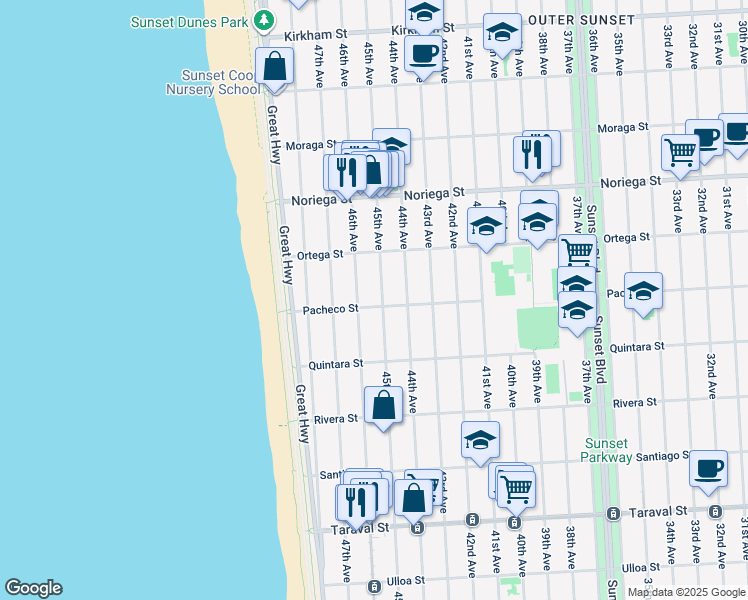 map of restaurants, bars, coffee shops, grocery stores, and more near 2006 46th Avenue in San Francisco