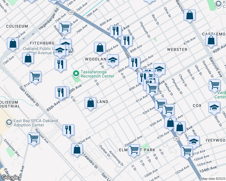 map of restaurants, bars, coffee shops, grocery stores, and more near 1140 88th Avenue in Oakland