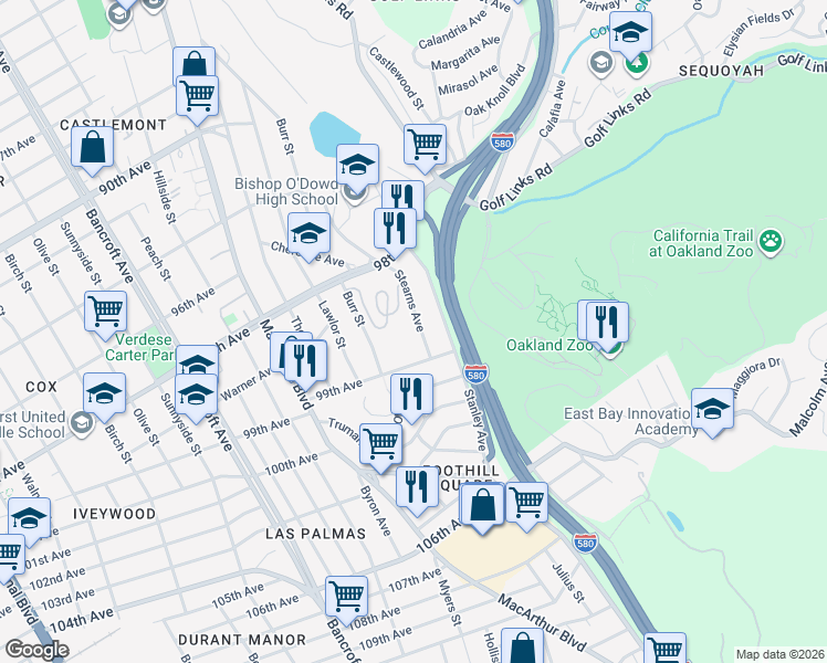 map of restaurants, bars, coffee shops, grocery stores, and more near 9863 Stearns Avenue in Oakland