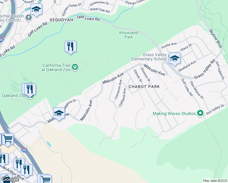 map of restaurants, bars, coffee shops, grocery stores, and more near 11000 Cameron Avenue in Oakland