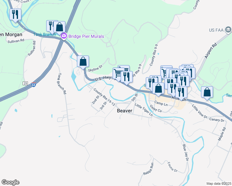 map of restaurants, bars, coffee shops, grocery stores, and more near 267 Blue Jay Dr in Beaver