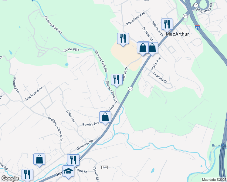 map of restaurants, bars, coffee shops, grocery stores, and more near 122 Stovers Fork Road in Beckley
