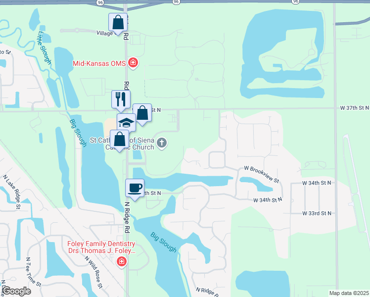 map of restaurants, bars, coffee shops, grocery stores, and more near 3636 North Ridge Road in Wichita