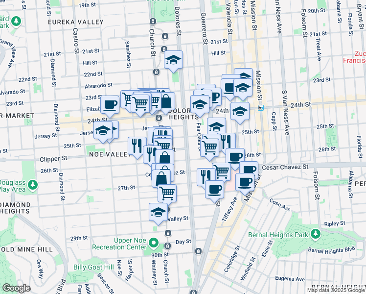 map of restaurants, bars, coffee shops, grocery stores, and more near 2 Clipper Street in San Francisco