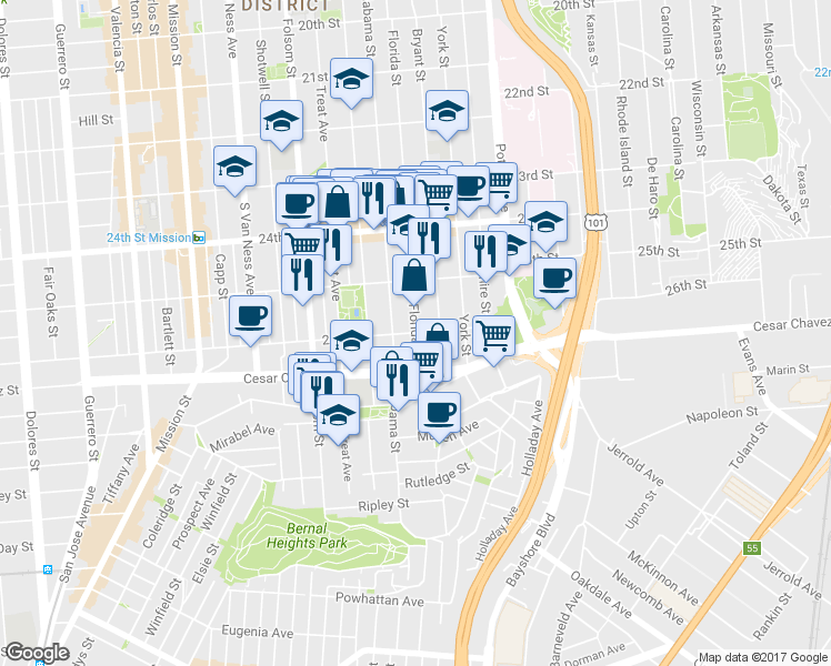 map of restaurants, bars, coffee shops, grocery stores, and more near 26th St & Florida St in San Francisco