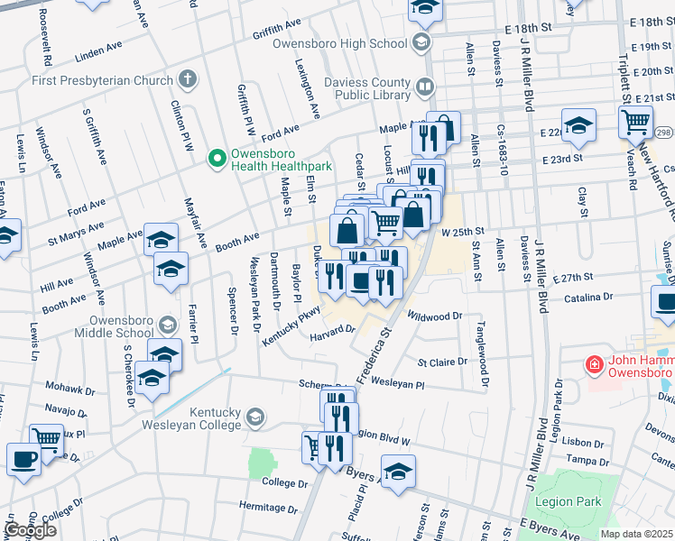 map of restaurants, bars, coffee shops, grocery stores, and more near 2760 Frederica Street in Owensboro