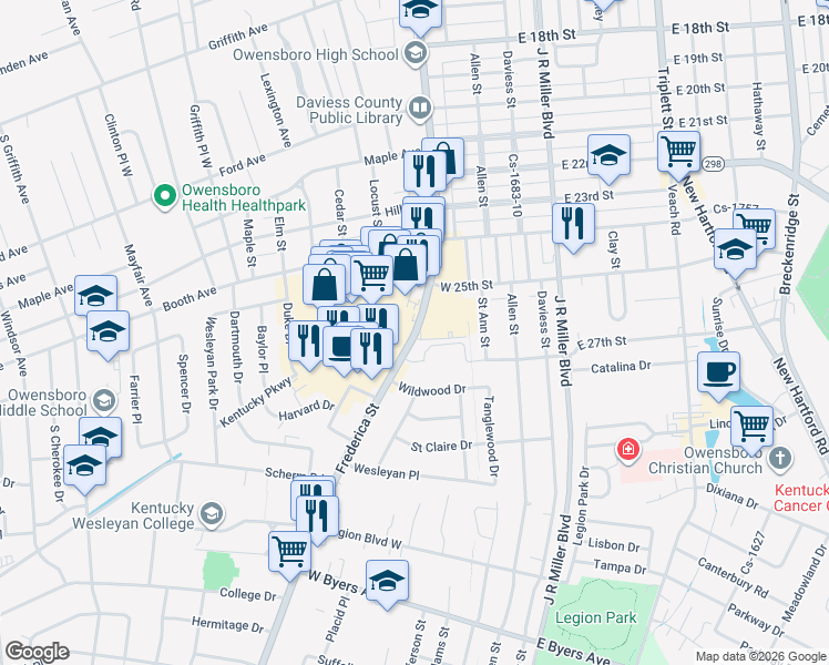 map of restaurants, bars, coffee shops, grocery stores, and more near 2630 Frederica Street in Owensboro