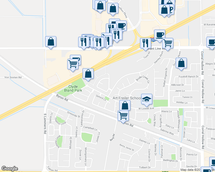 map of restaurants, bars, coffee shops, grocery stores, and more near 1843 Rochester Street in Tracy