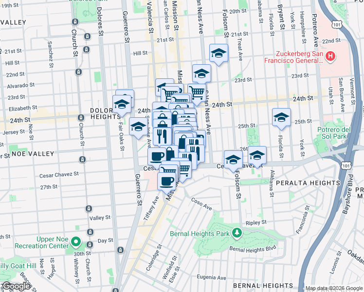 map of restaurants, bars, coffee shops, grocery stores, and more near in San Francisco