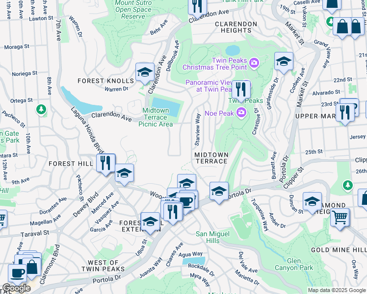 map of restaurants, bars, coffee shops, grocery stores, and more near 221 Panorama Drive in San Francisco