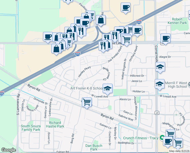 map of restaurants, bars, coffee shops, grocery stores, and more near 1851 Bridle Creek Circle in Tracy