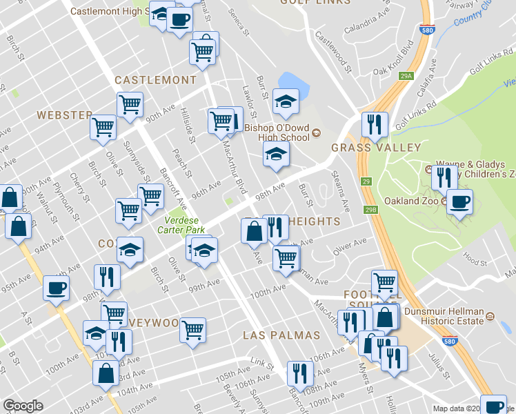 map of restaurants, bars, coffee shops, grocery stores, and more near 9829 MacArthur Boulevard in Oakland