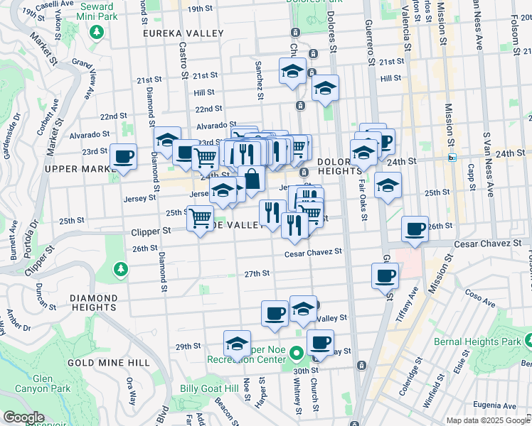 map of restaurants, bars, coffee shops, grocery stores, and more near 207 Clipper Street in San Francisco