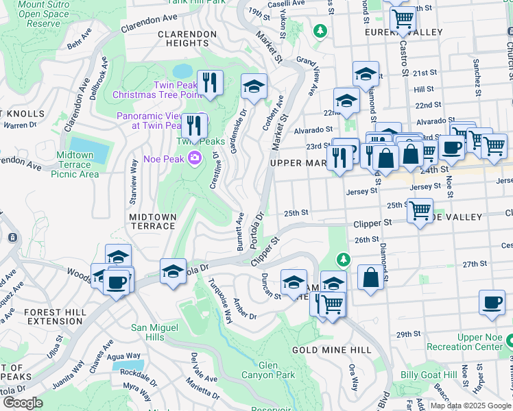 map of restaurants, bars, coffee shops, grocery stores, and more near 11 High Street in San Francisco