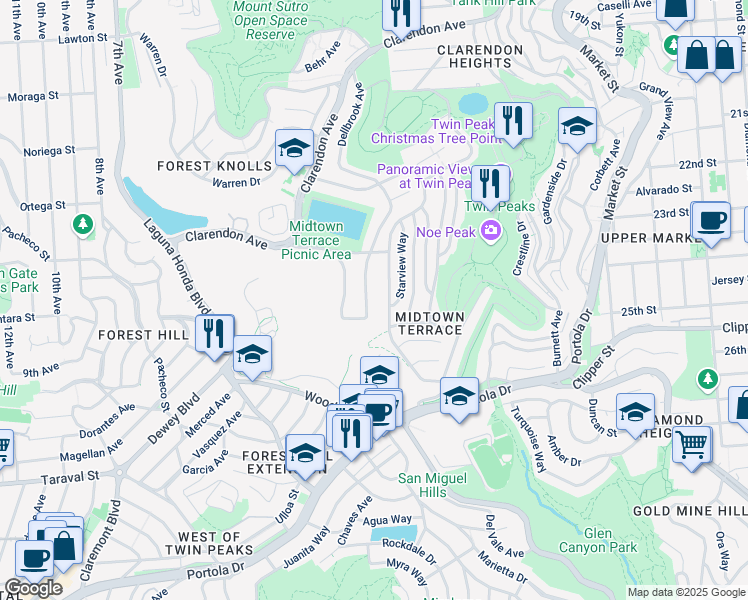 map of restaurants, bars, coffee shops, grocery stores, and more near 221 Panorama Drive in San Francisco