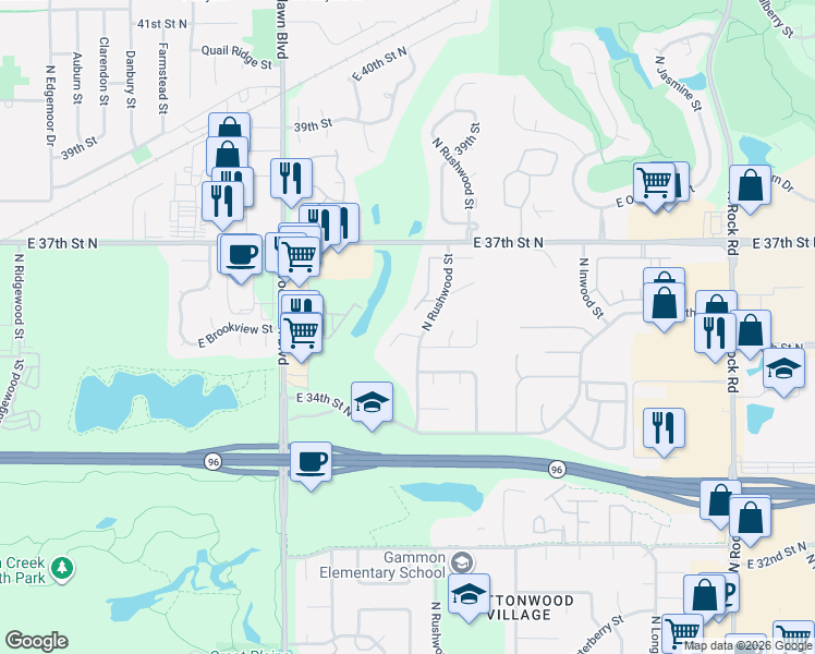 map of restaurants, bars, coffee shops, grocery stores, and more near 3607 North Rushwood Street in Wichita