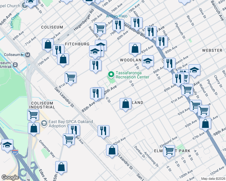 map of restaurants, bars, coffee shops, grocery stores, and more near 948 86th Avenue in Oakland