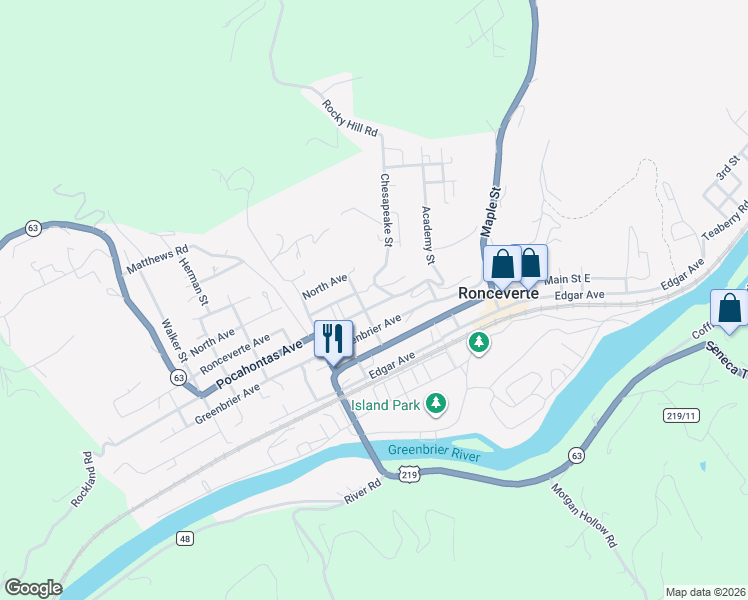 map of restaurants, bars, coffee shops, grocery stores, and more near 500-598 Greenbrier Avenue in Ronceverte