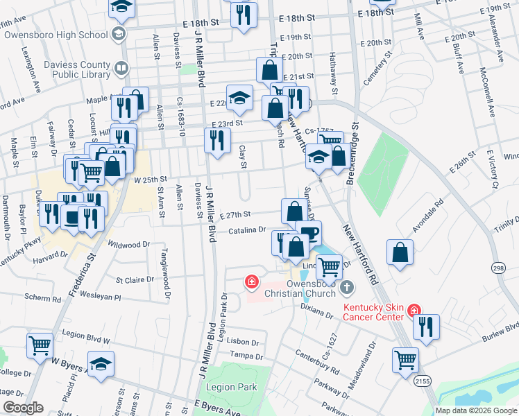 map of restaurants, bars, coffee shops, grocery stores, and more near 514 East 27th Street in Owensboro