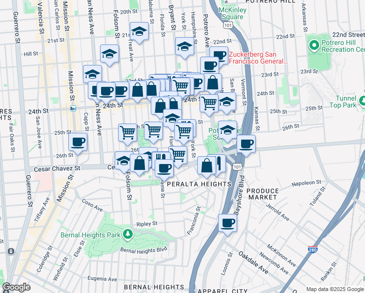 map of restaurants, bars, coffee shops, grocery stores, and more near Bryant Street & 26th Street in San Francisco