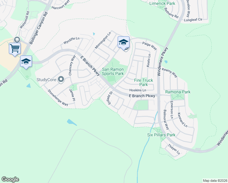 map of restaurants, bars, coffee shops, grocery stores, and more near 3226 Barons Lane in San Ramon