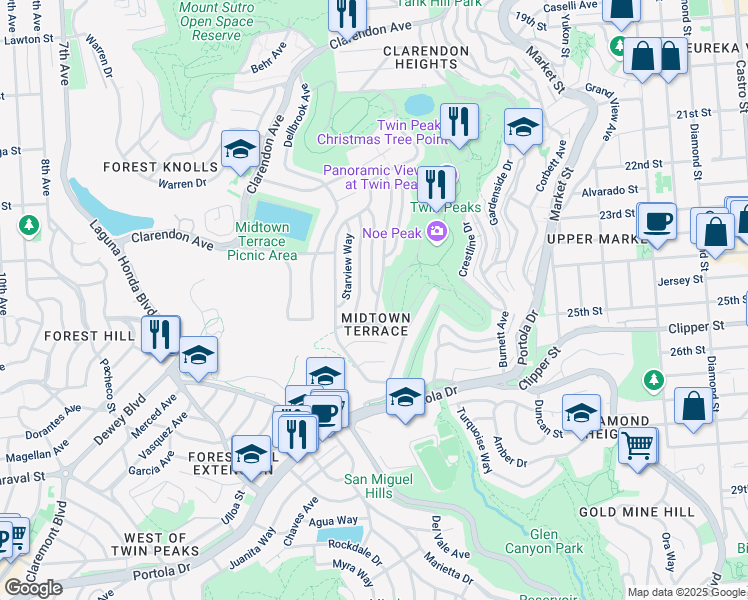 map of restaurants, bars, coffee shops, grocery stores, and more near 35 Skyview Way in San Francisco