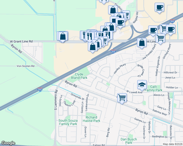 map of restaurants, bars, coffee shops, grocery stores, and more near 2941 Lowell Avenue in Tracy