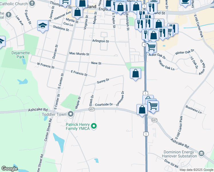 map of restaurants, bars, coffee shops, grocery stores, and more near 14 Slash Court in Ashland