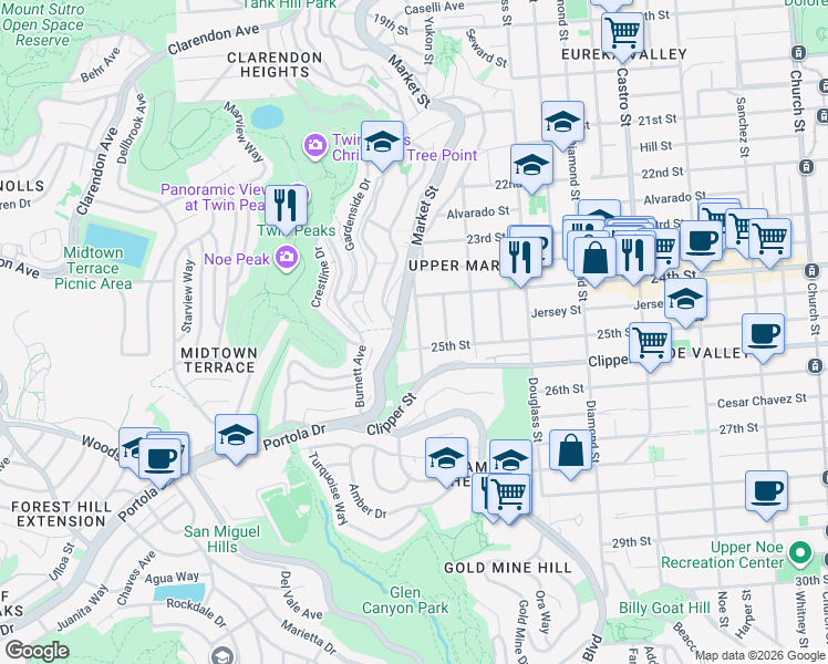 map of restaurants, bars, coffee shops, grocery stores, and more near 670 Grand View Avenue in San Francisco