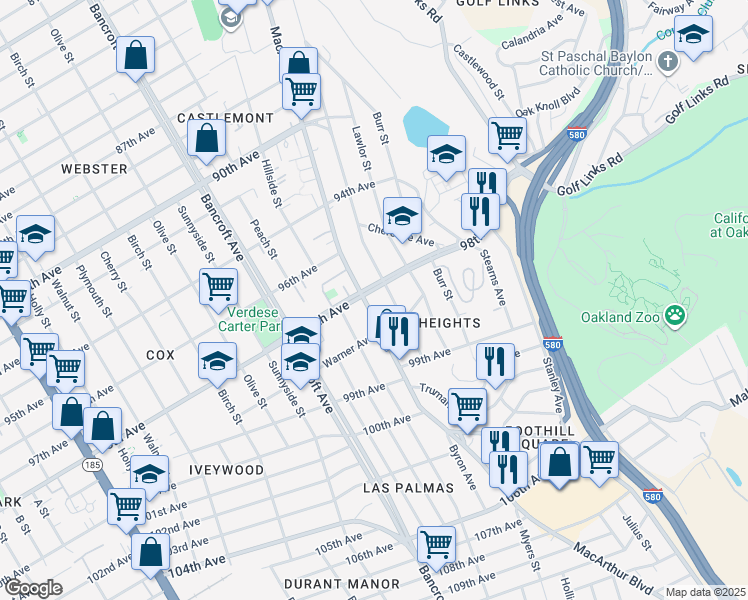 map of restaurants, bars, coffee shops, grocery stores, and more near 9800 MacArthur Boulevard in Oakland