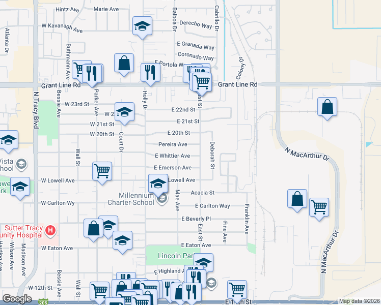map of restaurants, bars, coffee shops, grocery stores, and more near 233 East Emerson Avenue in Tracy