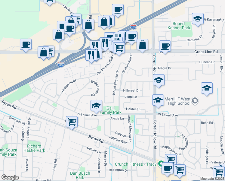 map of restaurants, bars, coffee shops, grocery stores, and more near 2343 Del Mar Court in Tracy