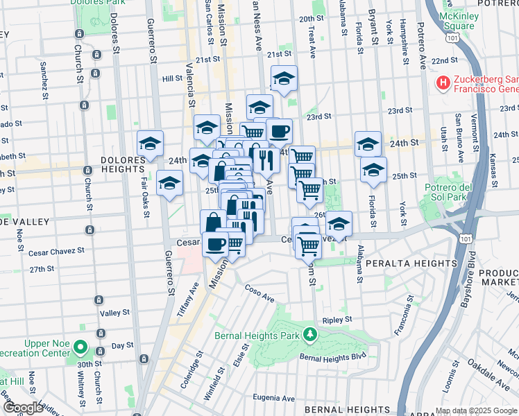 map of restaurants, bars, coffee shops, grocery stores, and more near 3353 26th Street in San Francisco