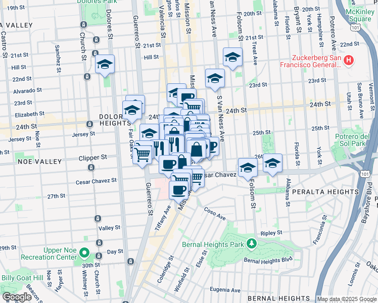 map of restaurants, bars, coffee shops, grocery stores, and more near 496 Bartlett Street in San Francisco
