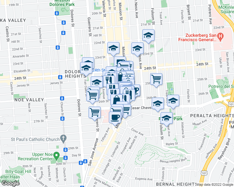 map of restaurants, bars, coffee shops, grocery stores, and more near 496 Bartlett Street in San Francisco