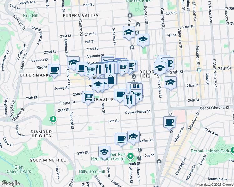 map of restaurants, bars, coffee shops, grocery stores, and more near 207 Clipper Street in San Francisco