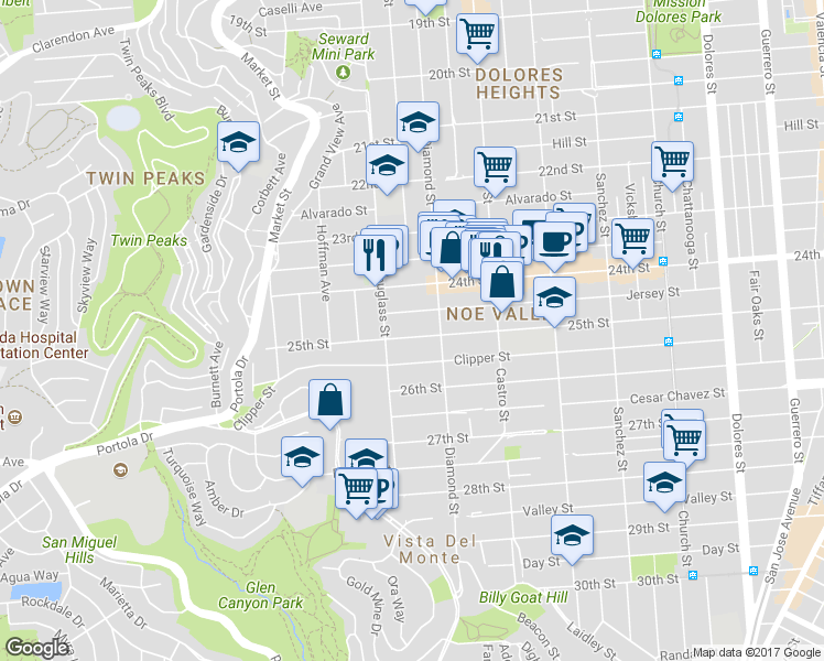 map of restaurants, bars, coffee shops, grocery stores, and more near 564 Clipper Street in San Francisco